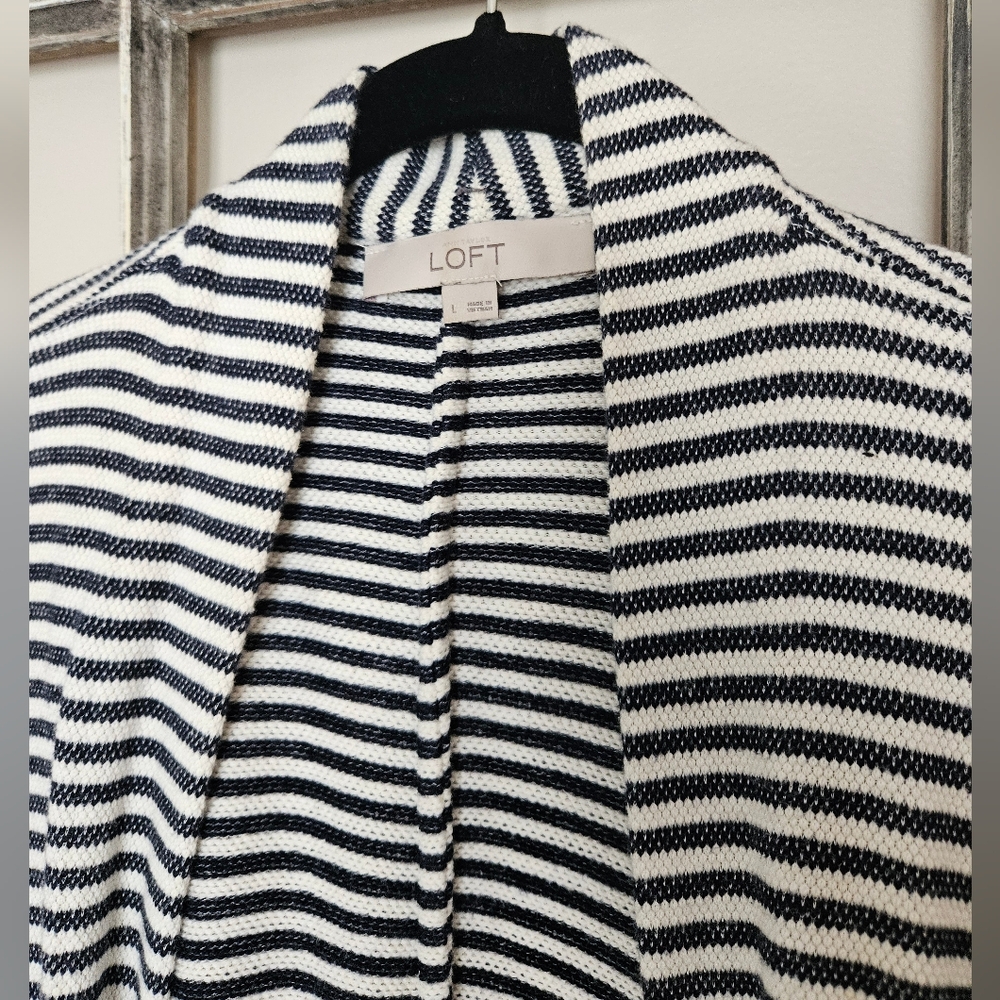 LOFT Navy and White Striped Cardigan Women's Large - Picture 3 of 5